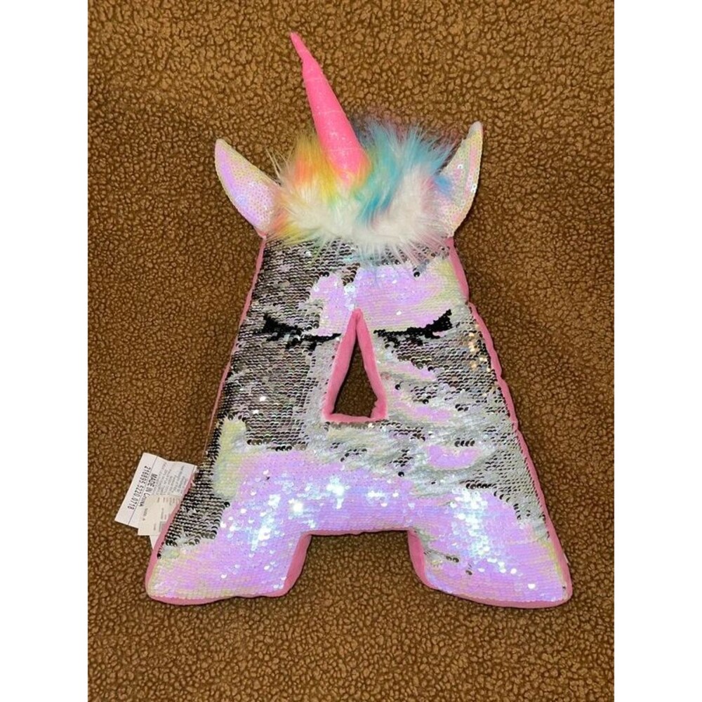 Justice Girls Unicorn Initial "A" Pillow - Reversible Flip Sequin Plush Bedding